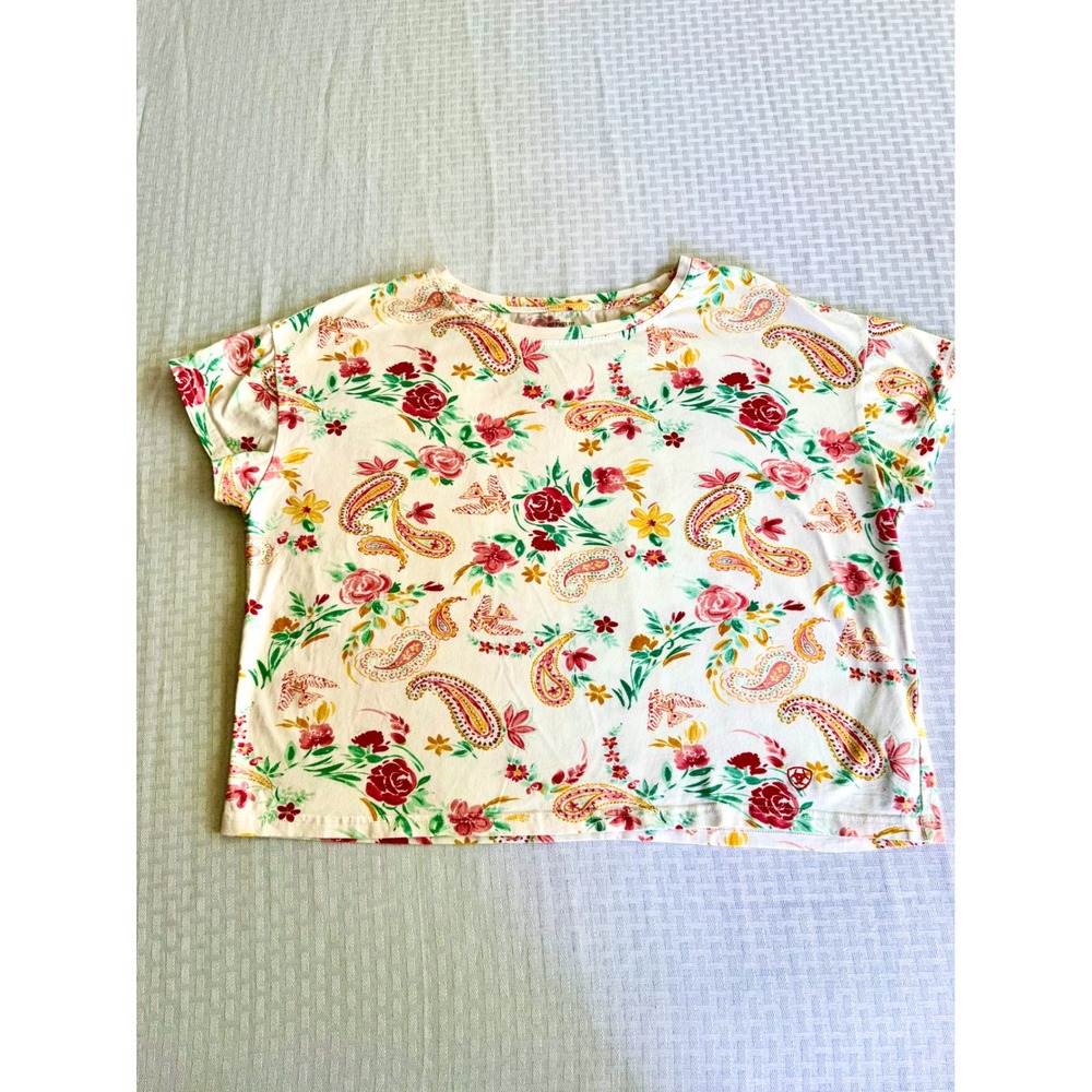 Ariat Womens Oversize Fit Boho Floral Paisley Western Top Cream Multi Color Med